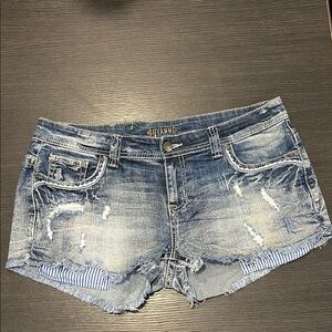 SHYANNE Women’s Exposed Striped Cutoff Distressed Blue Denim Shorts‎ Size 31